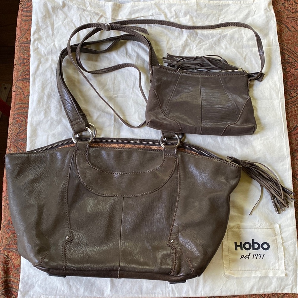HOBO Brown Leather Tote with Matching Crossbody Pouch